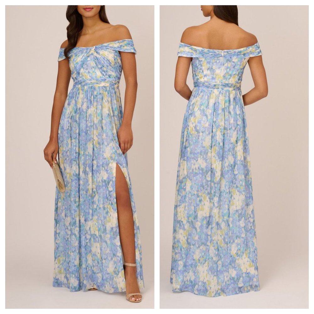 Adrianna Papell Watercolor Floral Off Shoulder Printed Gown